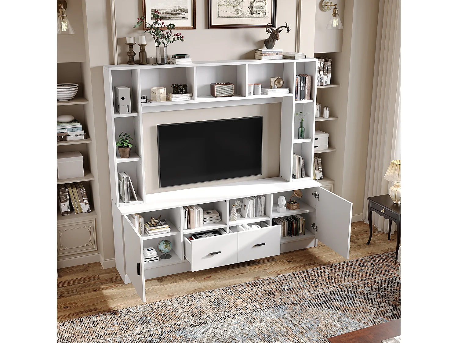 Ensemble meuble TV mural - 180 x 35 x 170 cm - avec vitrine + 2 portes + étagères + 2 tiroirs - aggloméré - blanc