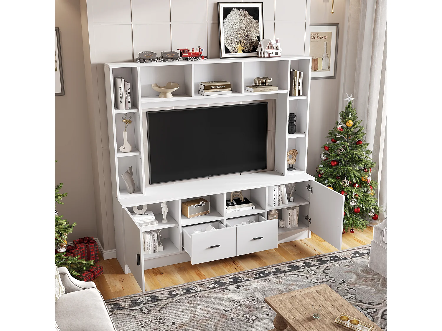 Ensemble meuble TV mural - 180 x 35 x 170 cm - avec vitrine + 2 portes + étagères + 2 tiroirs - aggloméré - blanc