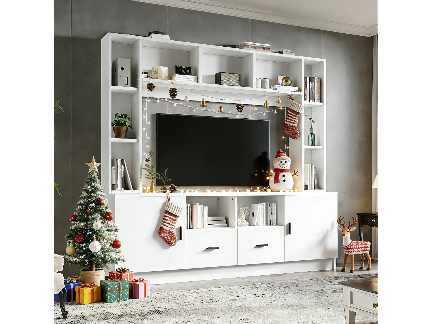 Ensemble meuble TV mural - 180 x 35 x 170 cm - avec vitrine + 2 portes + étagères + 2 tiroirs - aggloméré - blanc