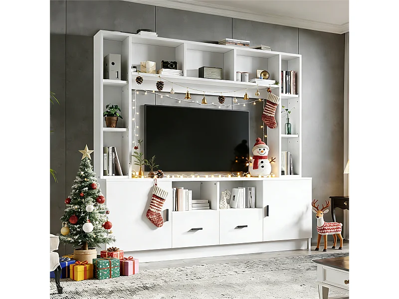 Ensemble meuble TV mural - 180 x 35 x 170 cm - avec vitrine + 2 portes + étagères + 2 tiroirs - aggloméré - blanc