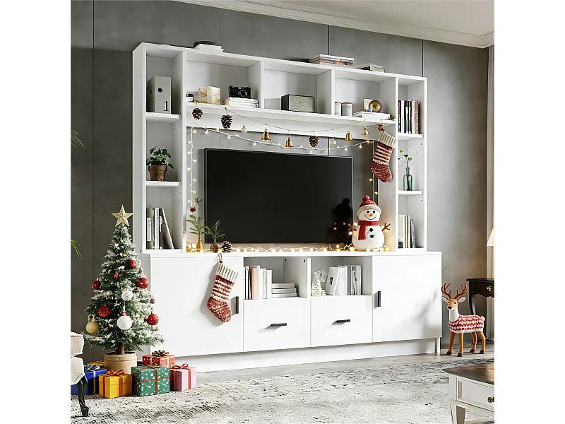 Wandmontiertes TV-Möbel – 180 x 35 x 170 cm – mit Glastürschrank, 2 Türen, Einlegeböden und 2 Schubladen – Spanplatte – weiß