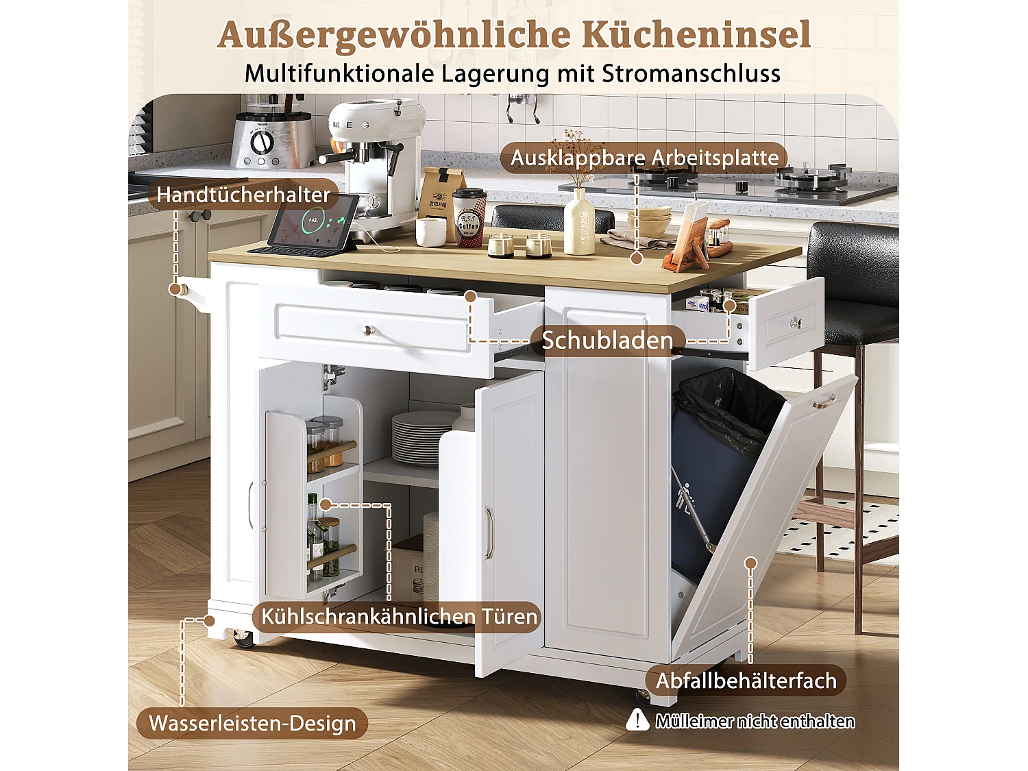 Isla de cocina con comedor extensible + cajones + 2 puertas - 131,8 x 40/70 x 93,9 cm - MDF - blanca