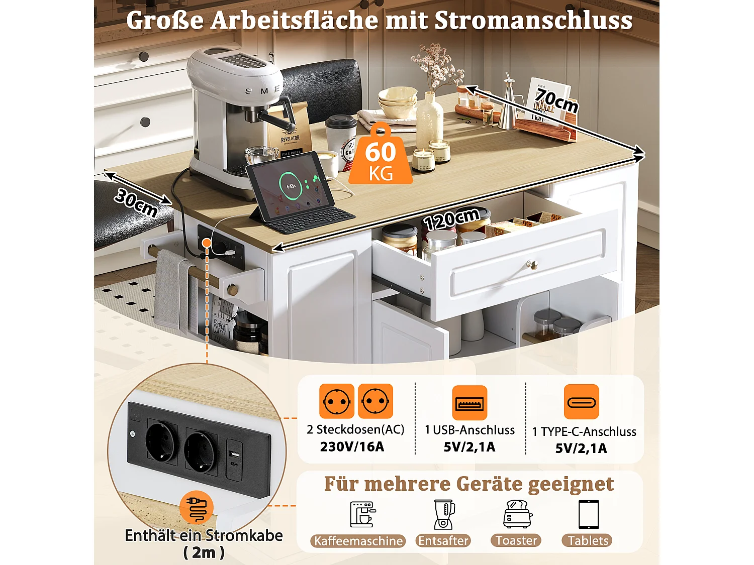 Isla de cocina con comedor extensible + cajones + 2 puertas - 131,8 x 40/70 x 93,9 cm - MDF - blanca