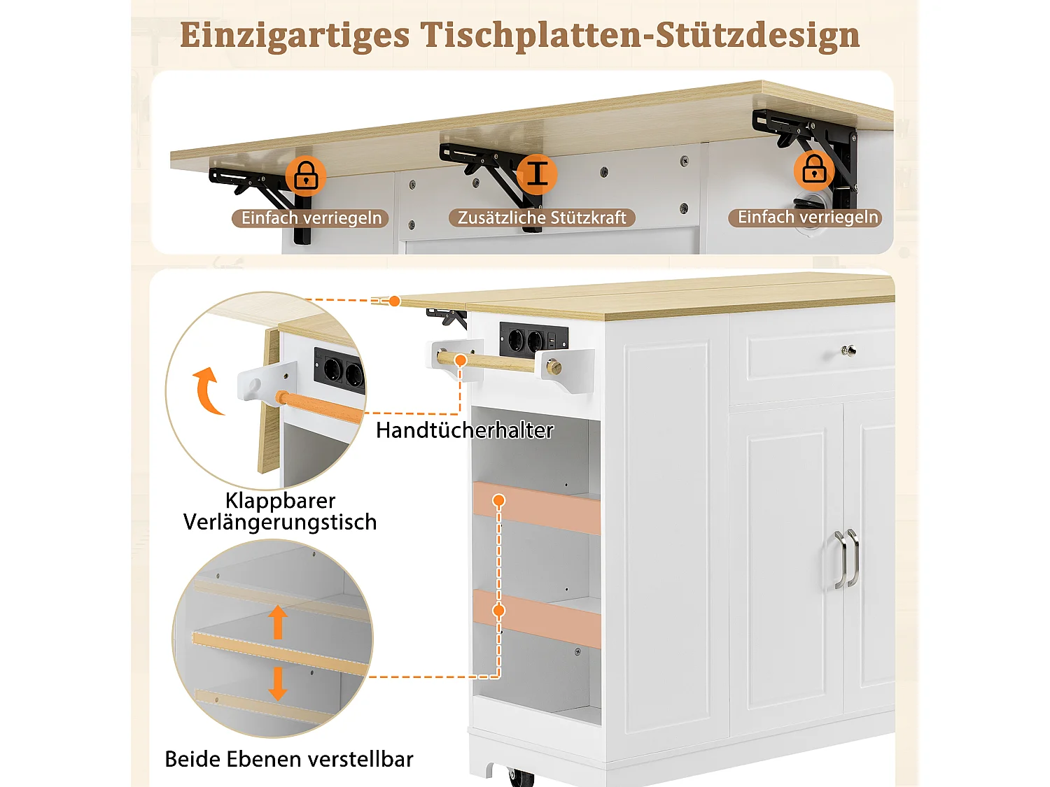 Isla de cocina con comedor extensible + cajones + 2 puertas - 131,8 x 40/70 x 93,9 cm - MDF - blanca