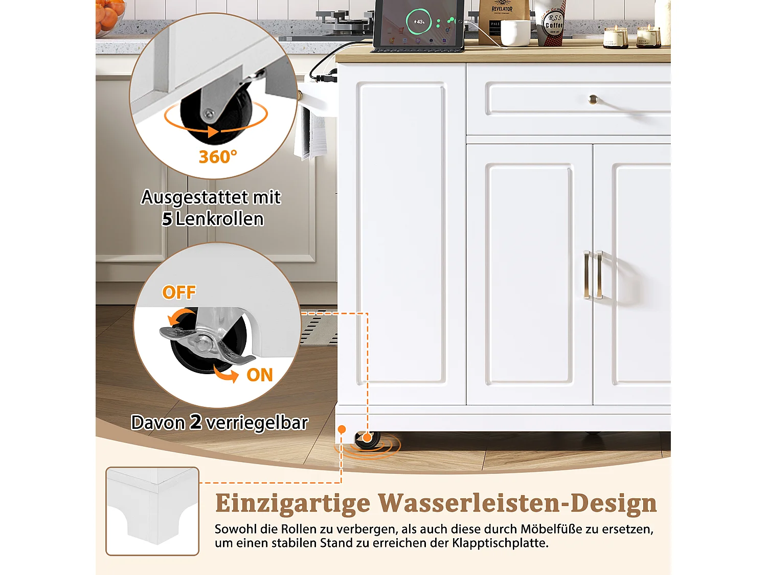 Kücheninsel mit ausziehbarer Essfläche, Schubladen und 2 Türen – 131,8 x 40/70 x 93,9 cm – MDF – weiß