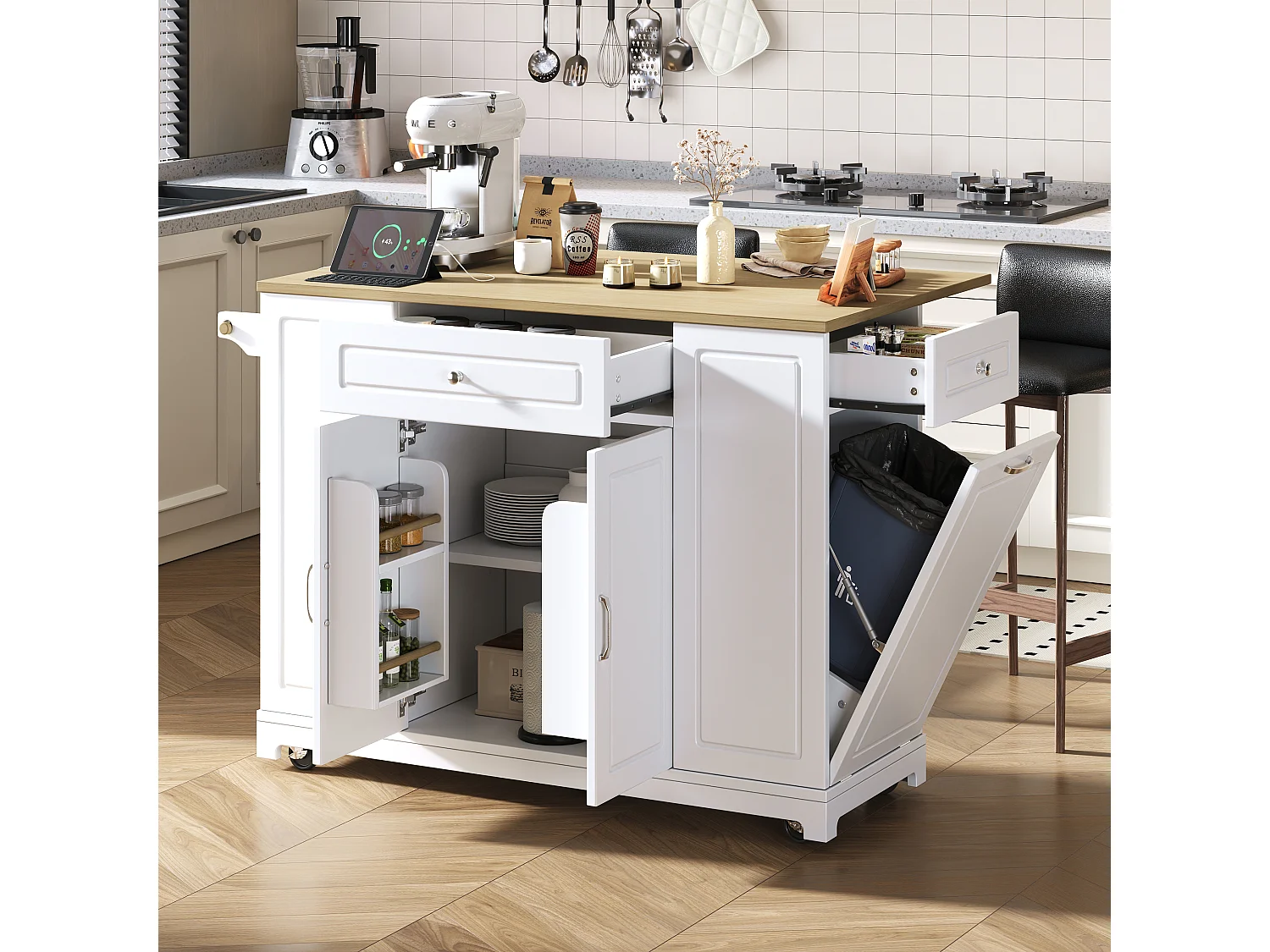 Îlot de cuisine avec espace repas extensible + tiroirs + 2 portes - 131.8 x 40/70 x 93.9 cm - MDF - blanc