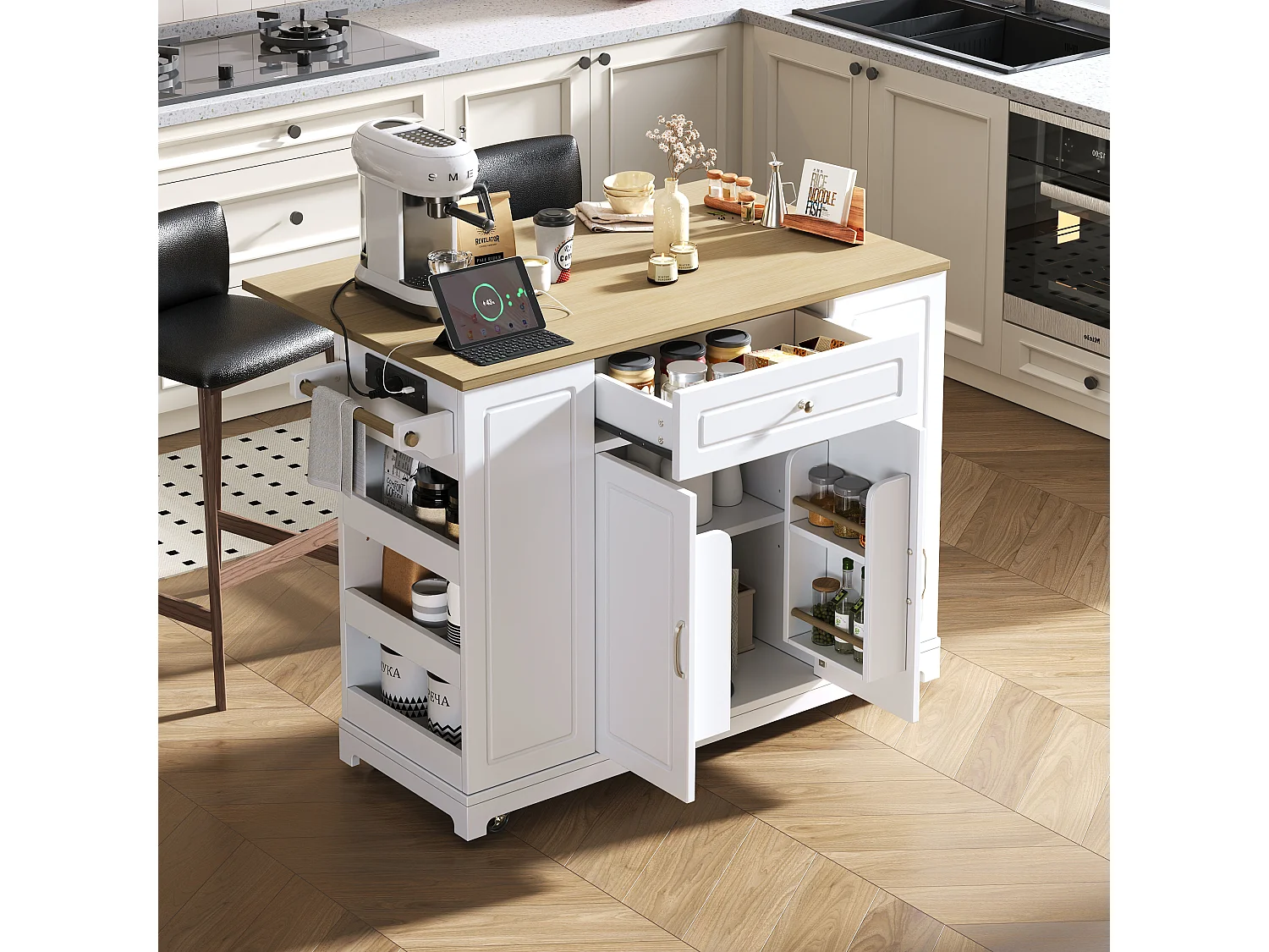 Îlot de cuisine avec espace repas extensible + tiroirs + 2 portes - 131.8 x 40/70 x 93.9 cm - MDF - blanc