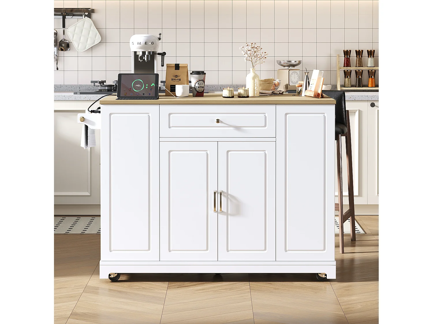 Îlot de cuisine avec espace repas extensible + tiroirs + 2 portes - 131.8 x 40/70 x 93.9 cm - MDF - blanc