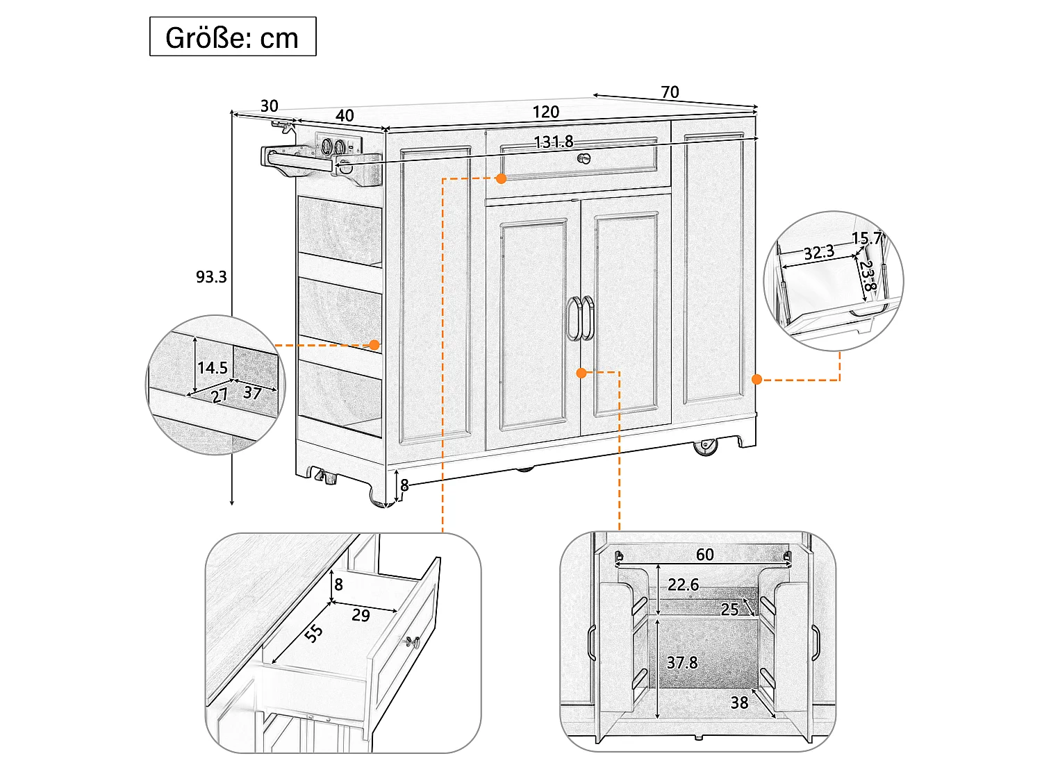 Îlot de cuisine avec espace repas extensible + tiroirs + 2 portes - 131.8 x 40/70 x 93.9 cm - MDF - blanc