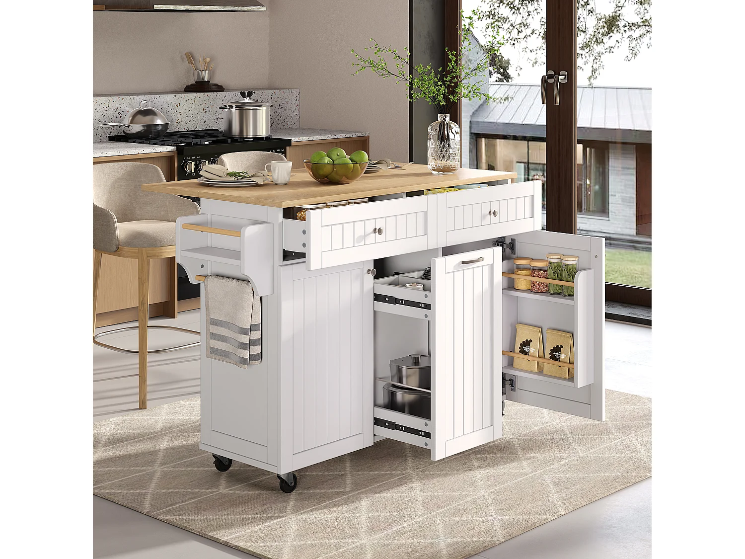 Mobile Kücheninsel mit ausziehbarer Arbeitsplatte, 2 Schubladen und 3 Türen – 140 x 40/70 x 92 cm – MDF – weiß