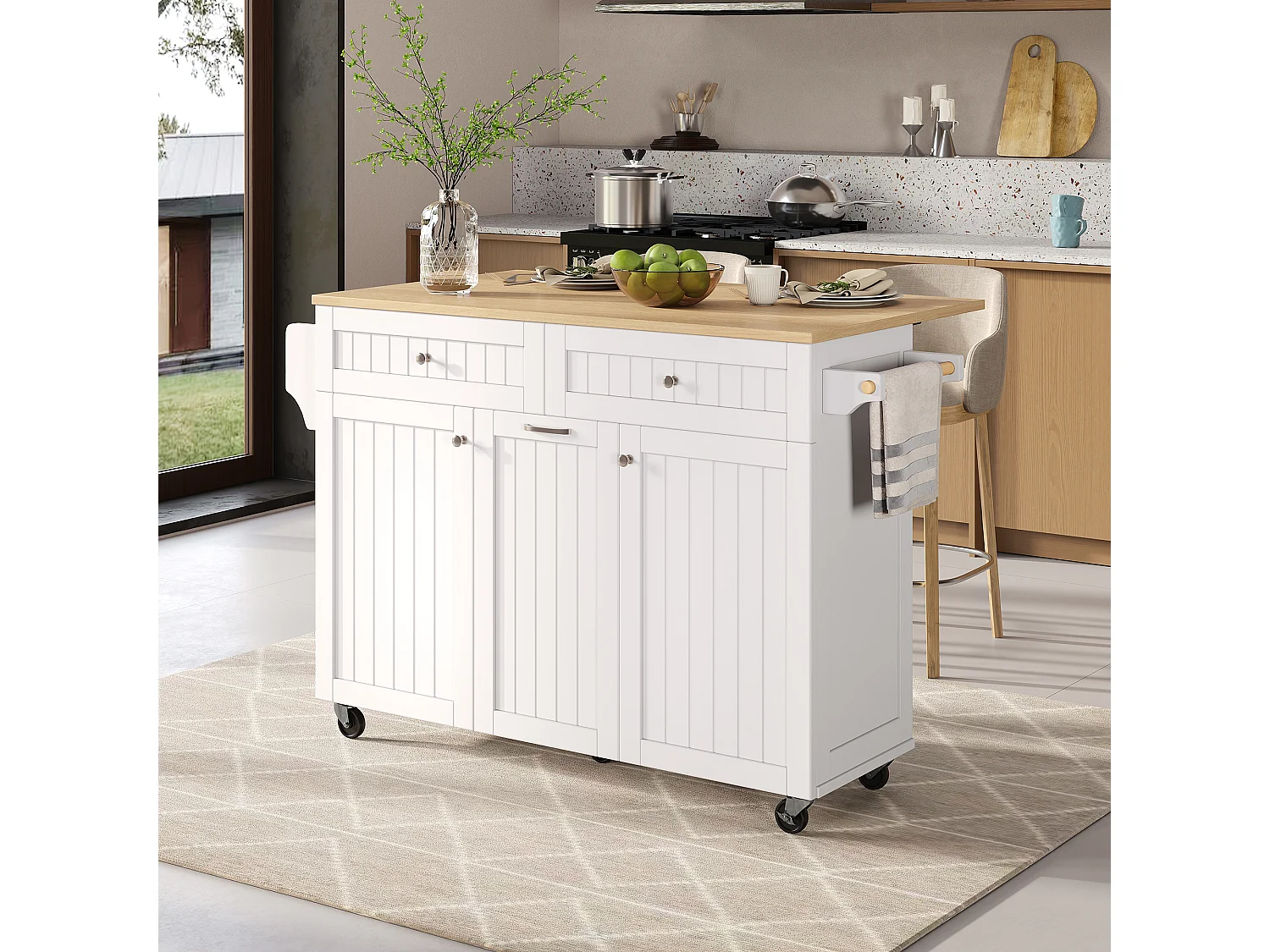 Mobile Kücheninsel mit ausziehbarer Arbeitsplatte, 2 Schubladen und 3 Türen – 140 x 40/70 x 92 cm – MDF – weiß