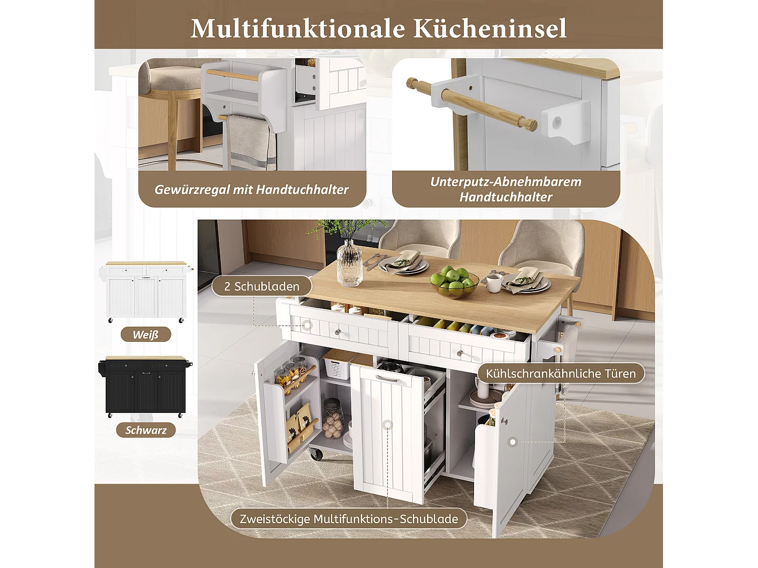 Mobile Kücheninsel mit ausziehbarer Arbeitsplatte, 2 Schubladen und 3 Türen – 140 x 40/70 x 92 cm – MDF – weiß