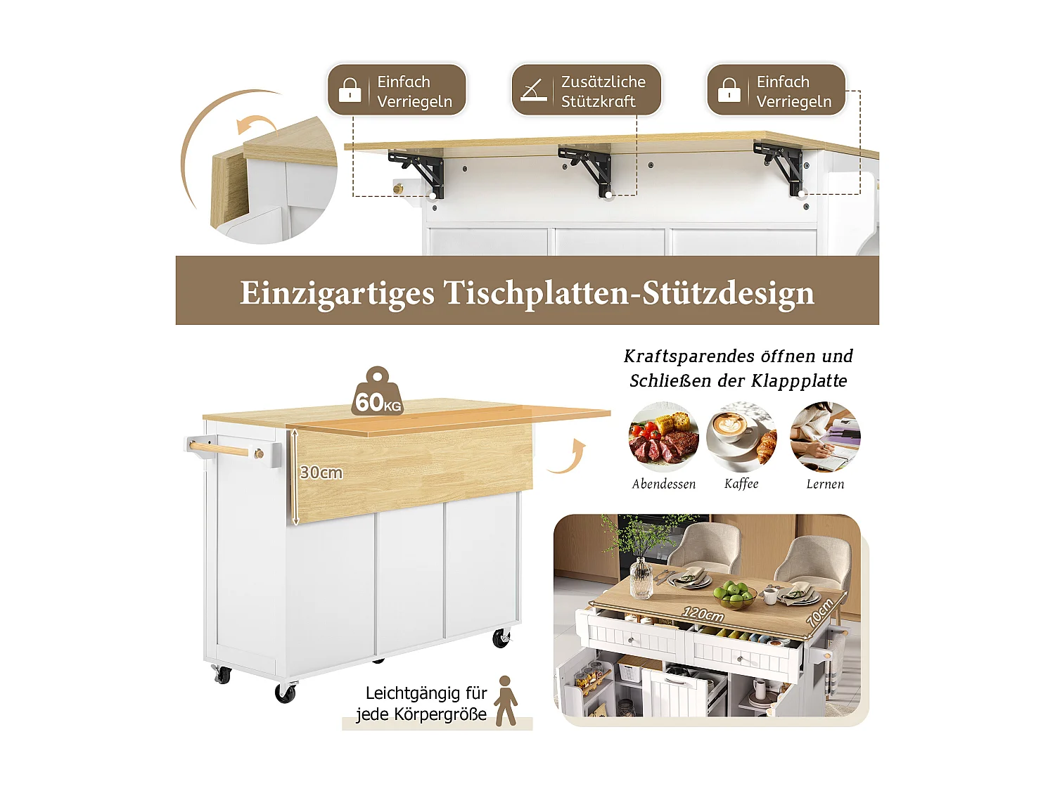 Mobile Kücheninsel mit ausziehbarer Arbeitsplatte, 2 Schubladen und 3 Türen – 140 x 40/70 x 92 cm – MDF – weiß
