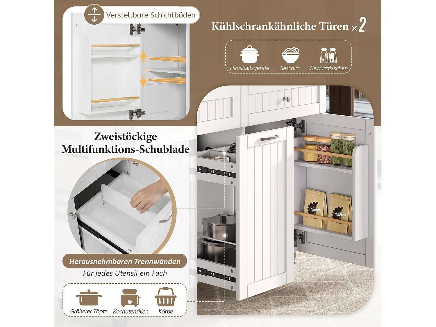Mobile Kücheninsel mit ausziehbarer Arbeitsplatte, 2 Schubladen und 3 Türen – 140 x 40/70 x 92 cm – MDF – weiß