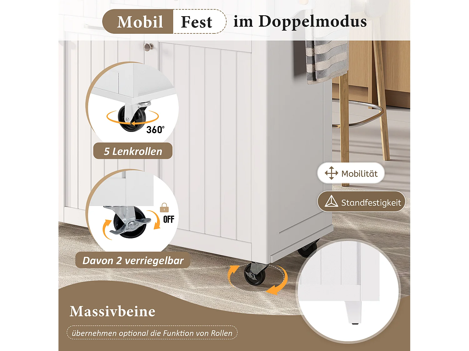 Mobile Kücheninsel mit ausziehbarer Arbeitsplatte, 2 Schubladen und 3 Türen – 140 x 40/70 x 92 cm – MDF – weiß