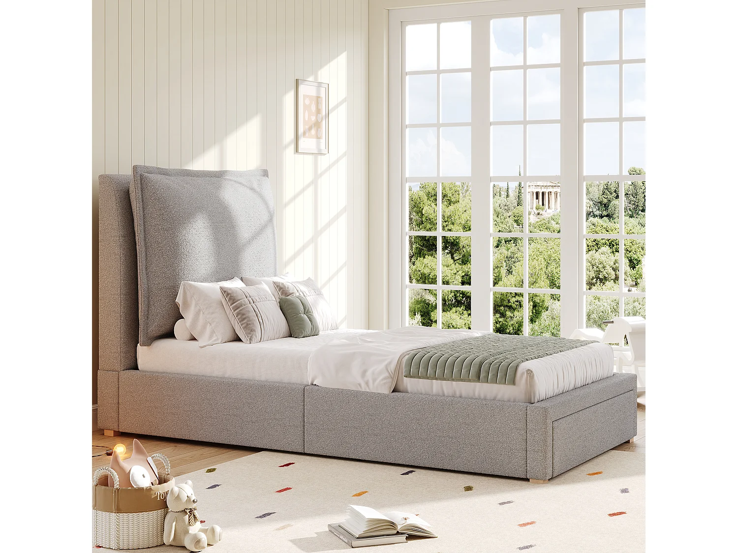 Kinder-Einzelbett mit Polsterung – 90 x 200 cm – mit gepolstertem Kopfteil und einer Schublade – Chenille – grau