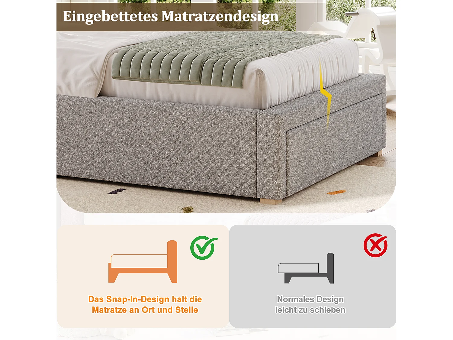 Kinder-Einzelbett mit Polsterung – 90 x 200 cm – mit gepolstertem Kopfteil und einer Schublade – Chenille – grau