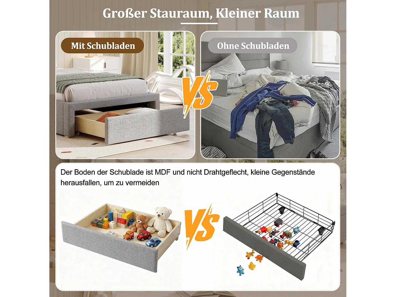 Kinder-Einzelbett mit Polsterung – 90 x 200 cm – mit gepolstertem Kopfteil und einer Schublade – Chenille – grau
