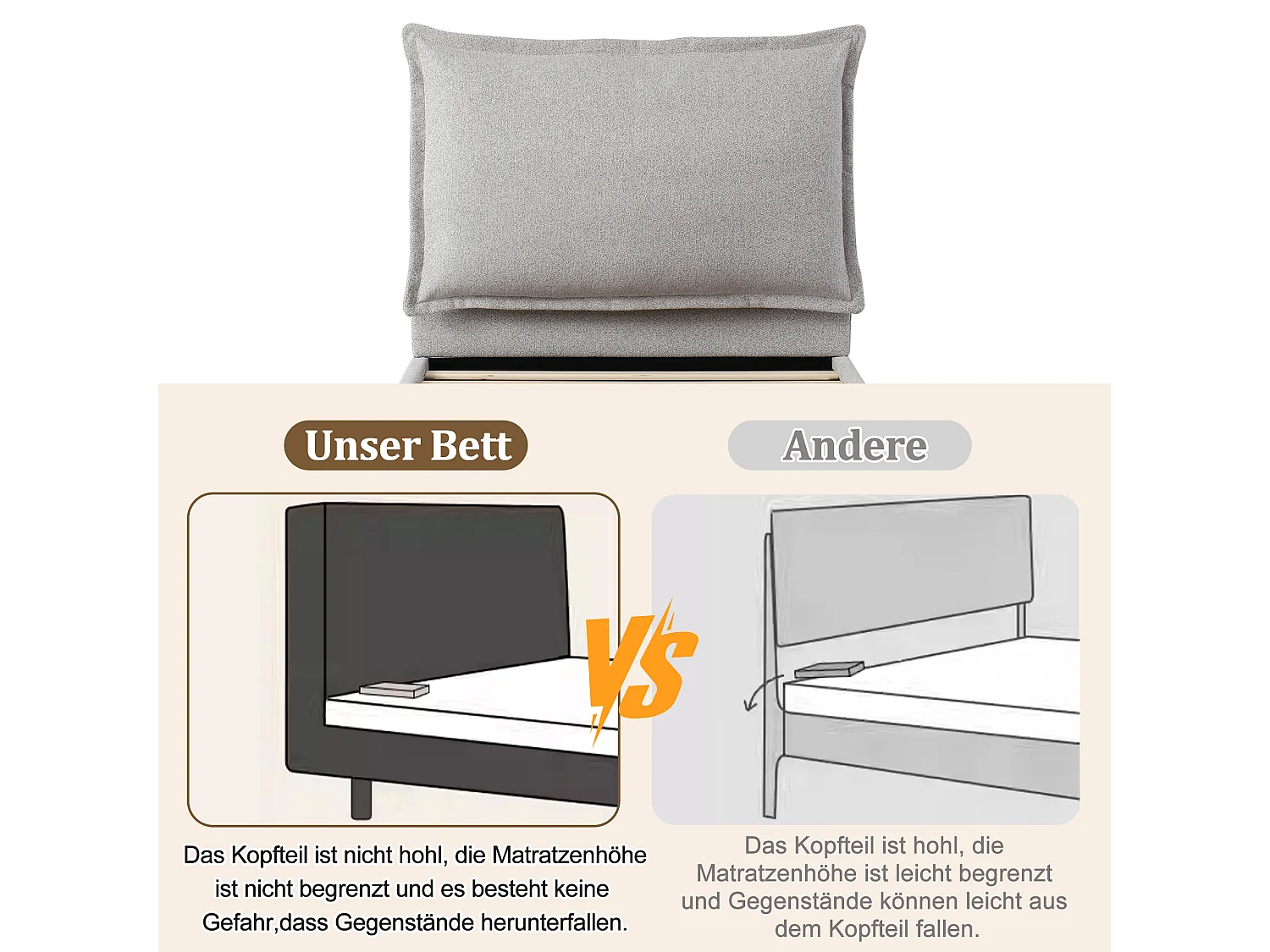 Kinder-Einzelbett mit Polsterung – 90 x 200 cm – mit gepolstertem Kopfteil und einer Schublade – Chenille – grau