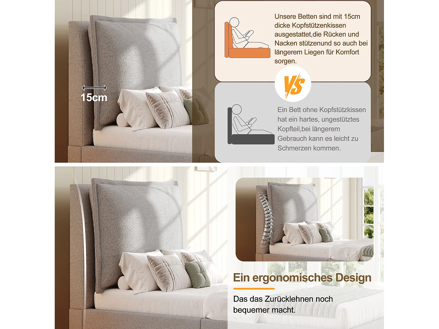 Kinder-Einzelbett mit Polsterung – 90 x 200 cm – mit gepolstertem Kopfteil und einer Schublade – Chenille – grau