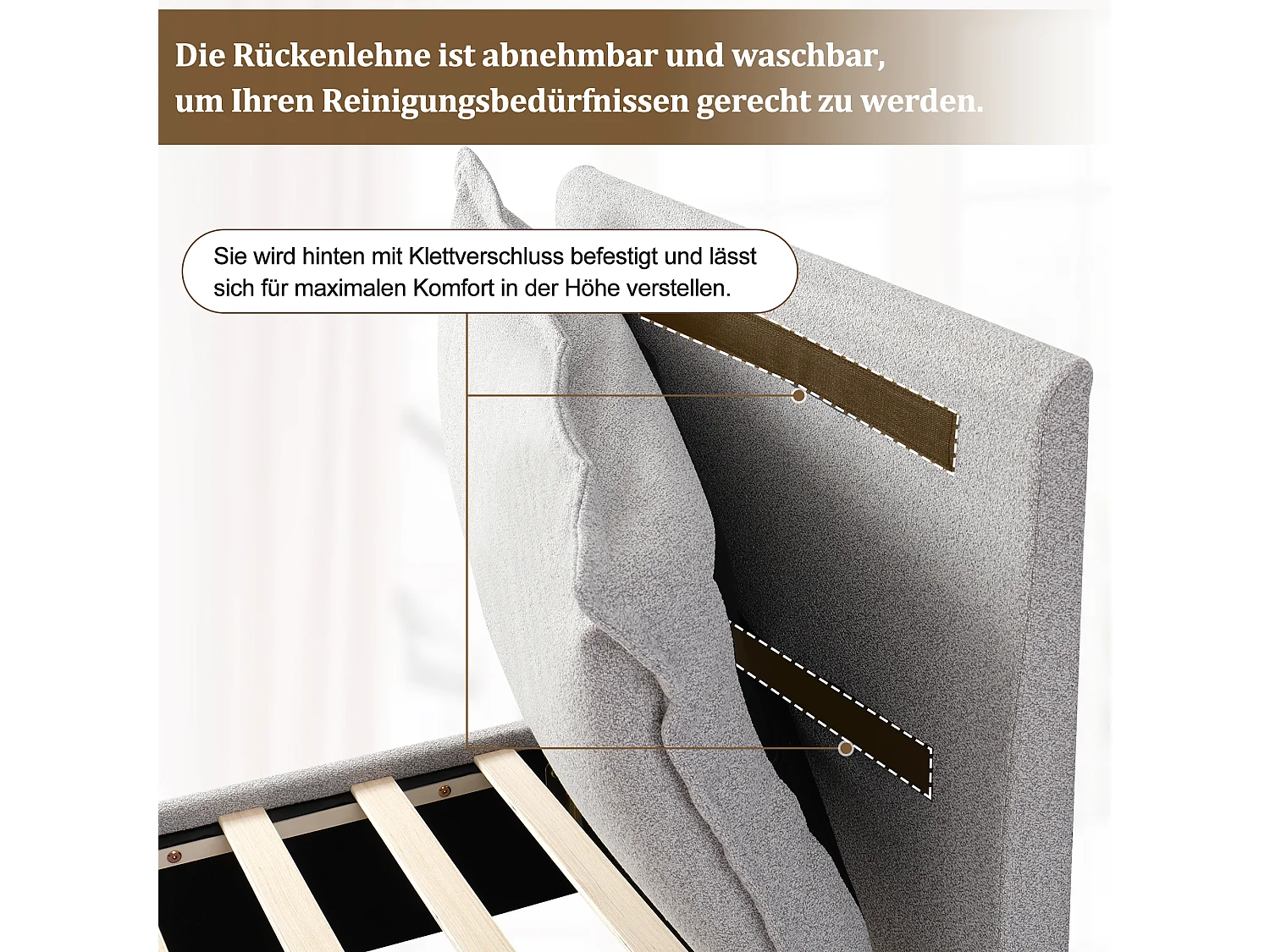 Kinder-Einzelbett mit Polsterung – 90 x 200 cm – mit gepolstertem Kopfteil und einer Schublade – Chenille – grau