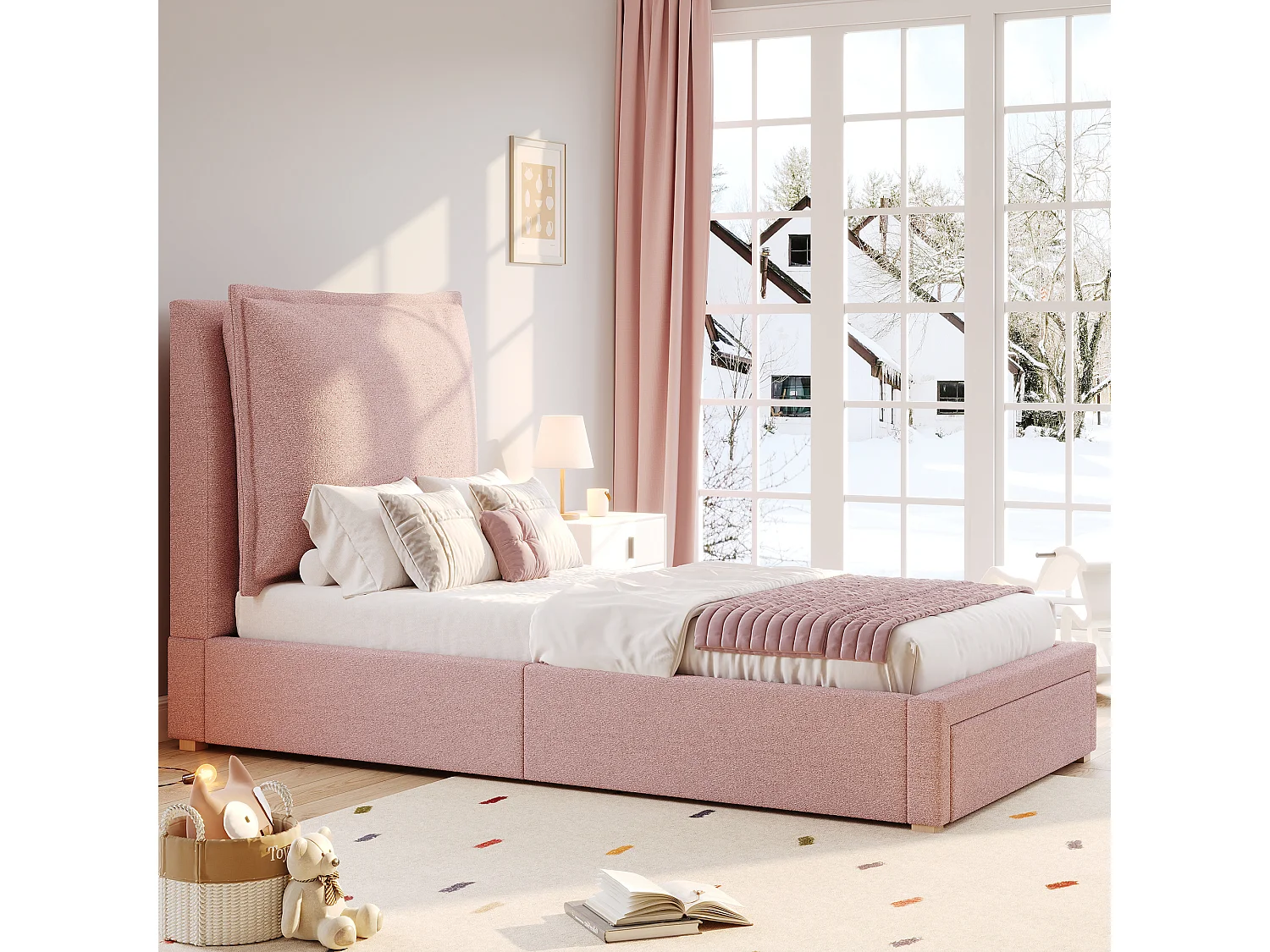 Lit simple capitonné enfant - 90 x 200 cm - avec tête de lit rembourrée + 1 tiroir - chenille - rose