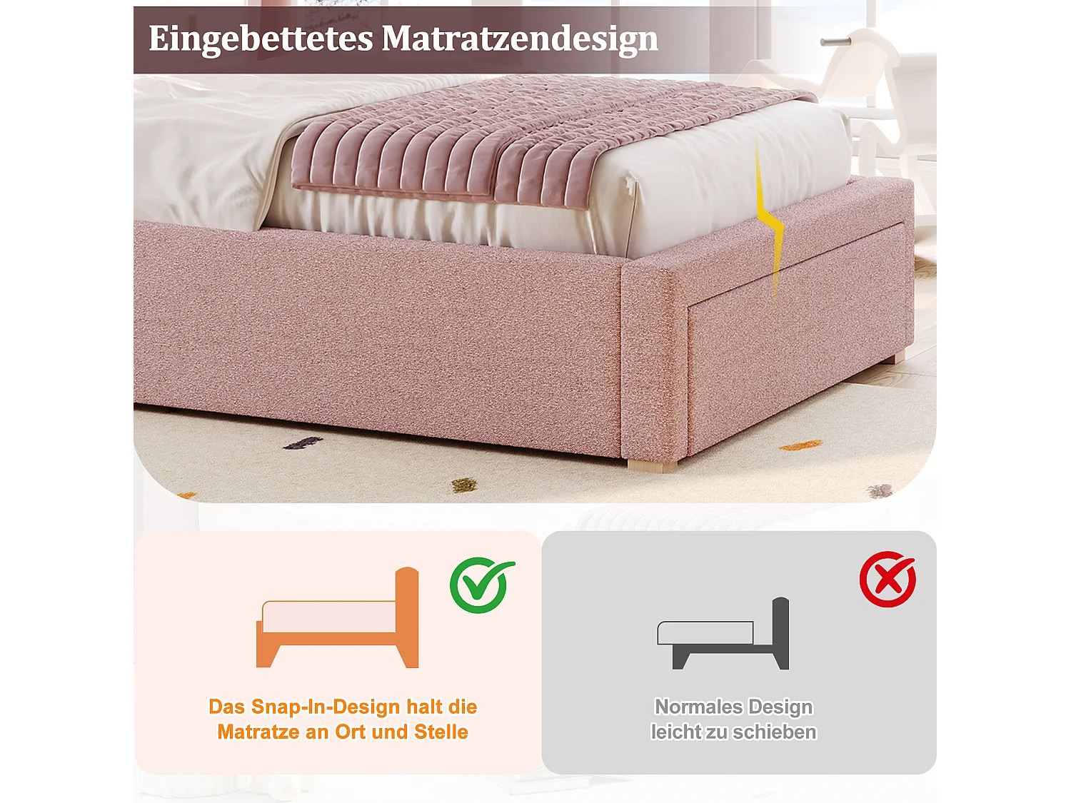 Gepolstertes Kinder-Einzelbett – 90 x 200 cm – mit gepolstertem Kopfteil und einer Schublade – Chenille – rosa