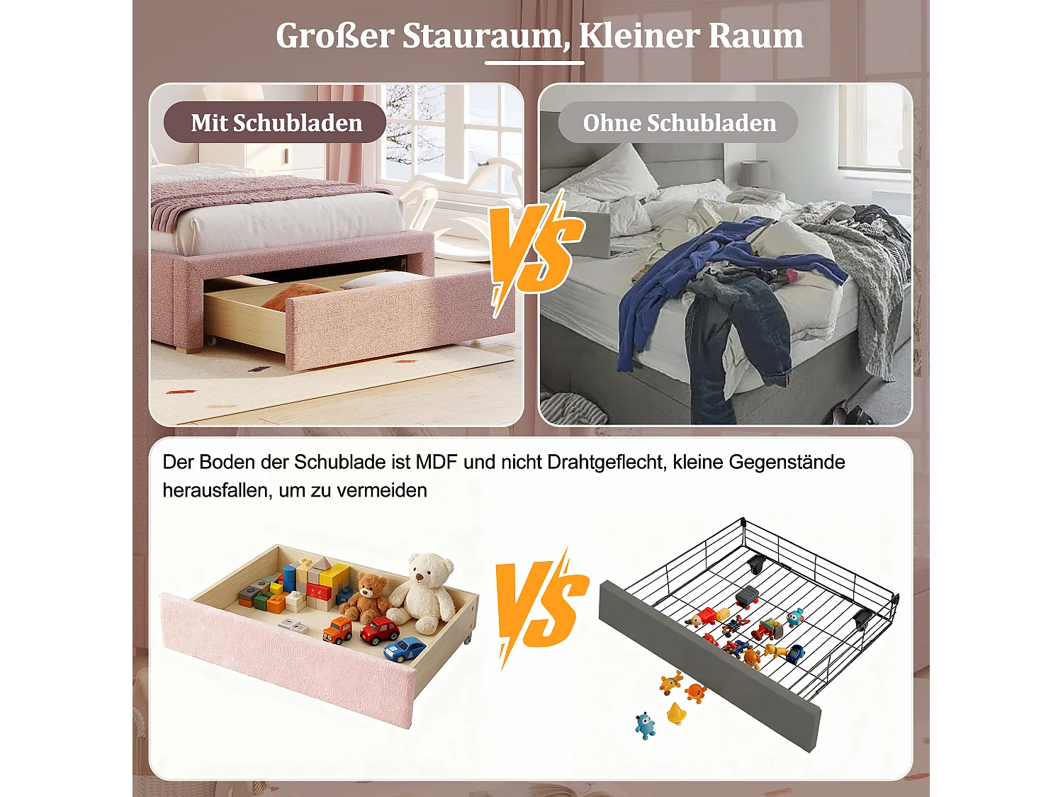 Gepolstertes Kinder-Einzelbett – 90 x 200 cm – mit gepolstertem Kopfteil und einer Schublade – Chenille – rosa