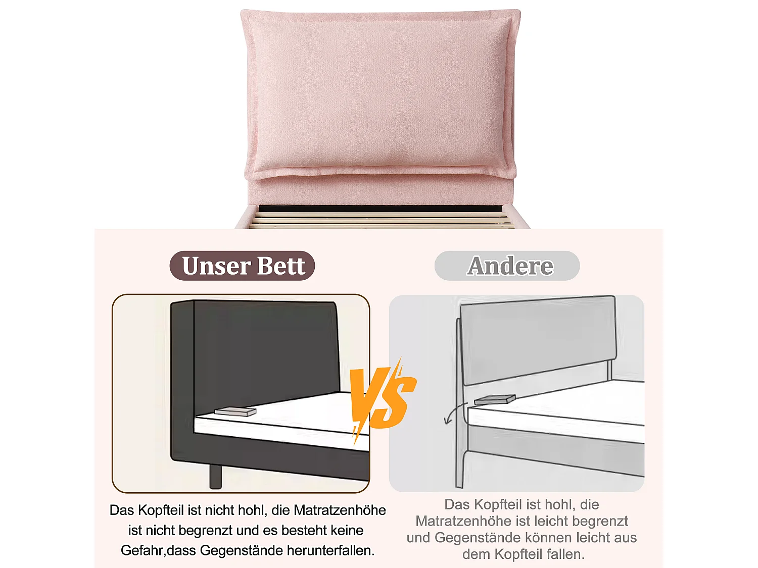 Gepolstertes Kinder-Einzelbett – 90 x 200 cm – mit gepolstertem Kopfteil und einer Schublade – Chenille – rosa