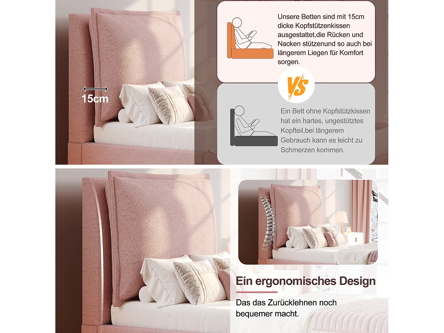 Gepolstertes Kinder-Einzelbett – 90 x 200 cm – mit gepolstertem Kopfteil und einer Schublade – Chenille – rosa