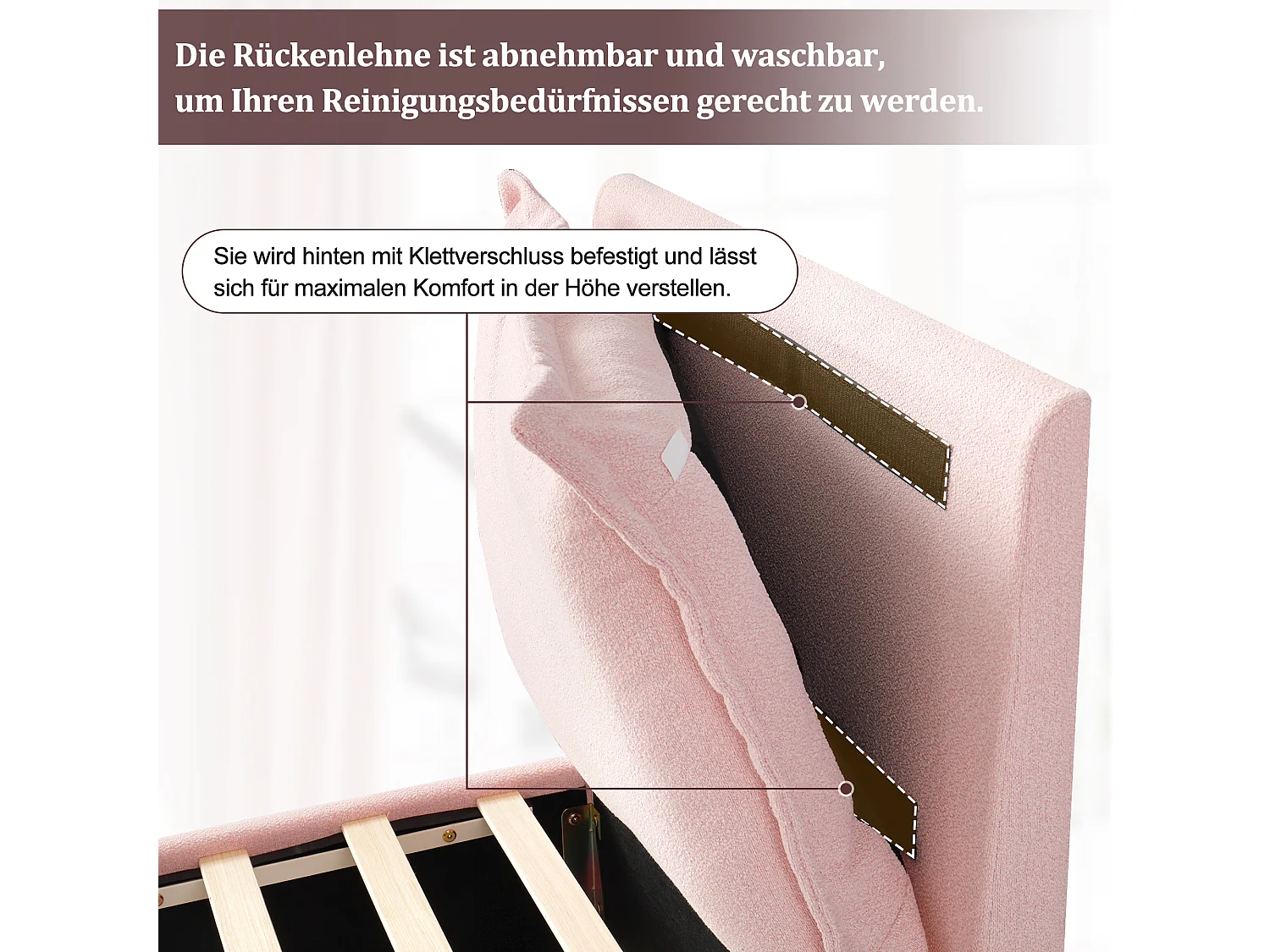 Gepolstertes Kinder-Einzelbett – 90 x 200 cm – mit gepolstertem Kopfteil und einer Schublade – Chenille – rosa