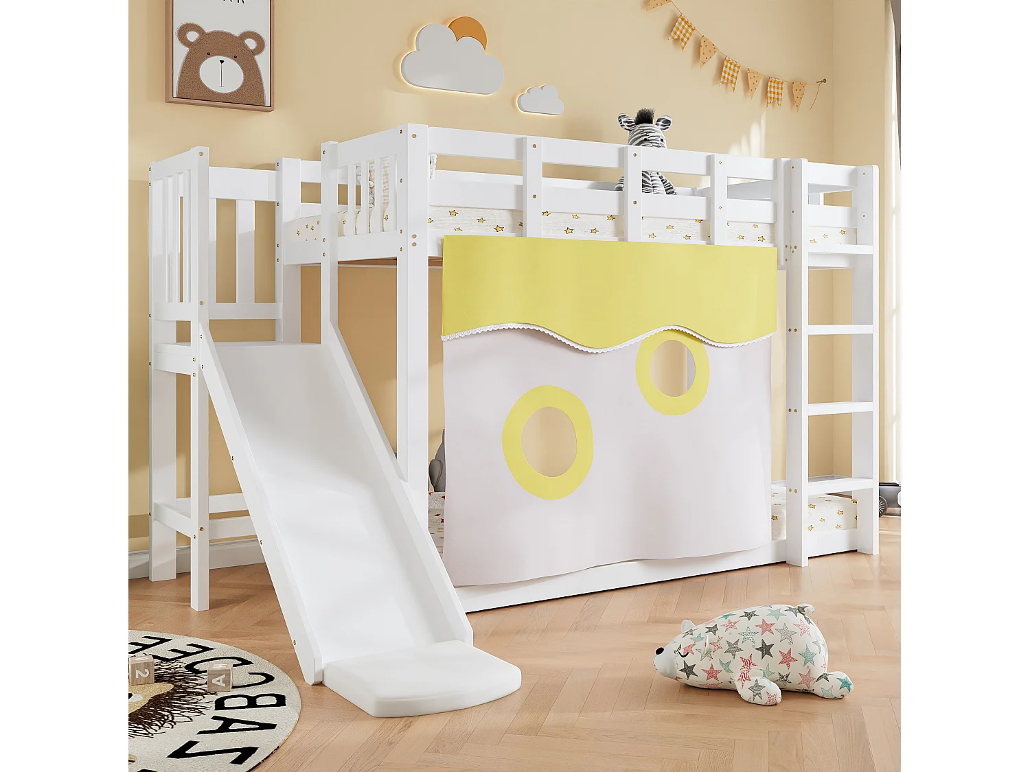 Litera de madera - 2 x 90 x 200 cm - con escalera y barandilla + cortina + tobogán - MDF + pino - blanca