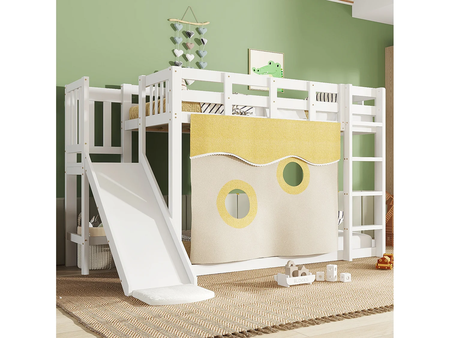 Litera de madera - 2 x 90 x 200 cm - con escalera y barandilla + cortina + tobogán - MDF + pino - blanca