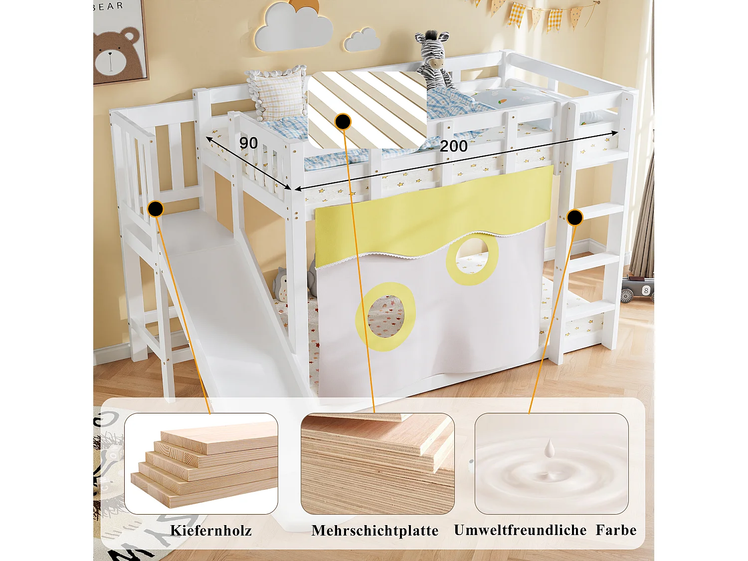 Litera de madera - 2 x 90 x 200 cm - con escalera y barandilla + cortina + tobogán - MDF + pino - blanca