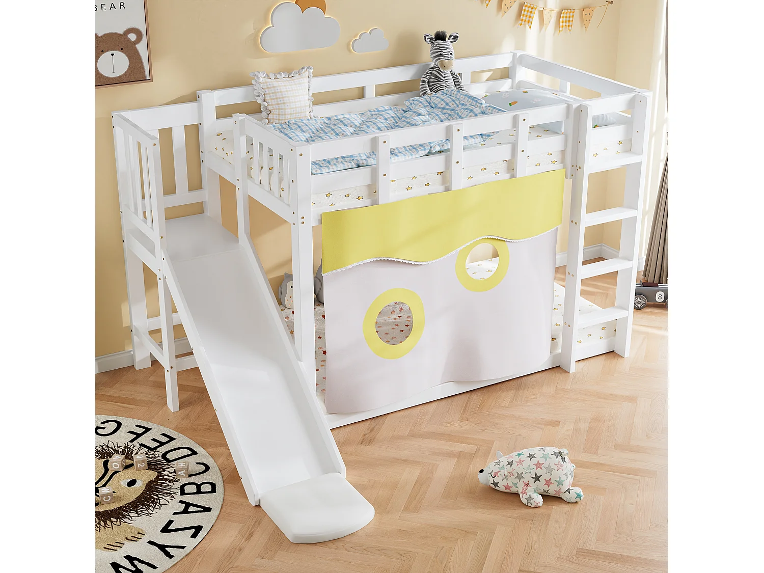 Lit superposé en bois - 2 x 90 x 200 cm - avec escalier et barrières + rideau de lit + toboggan - MDF + pin - blanc