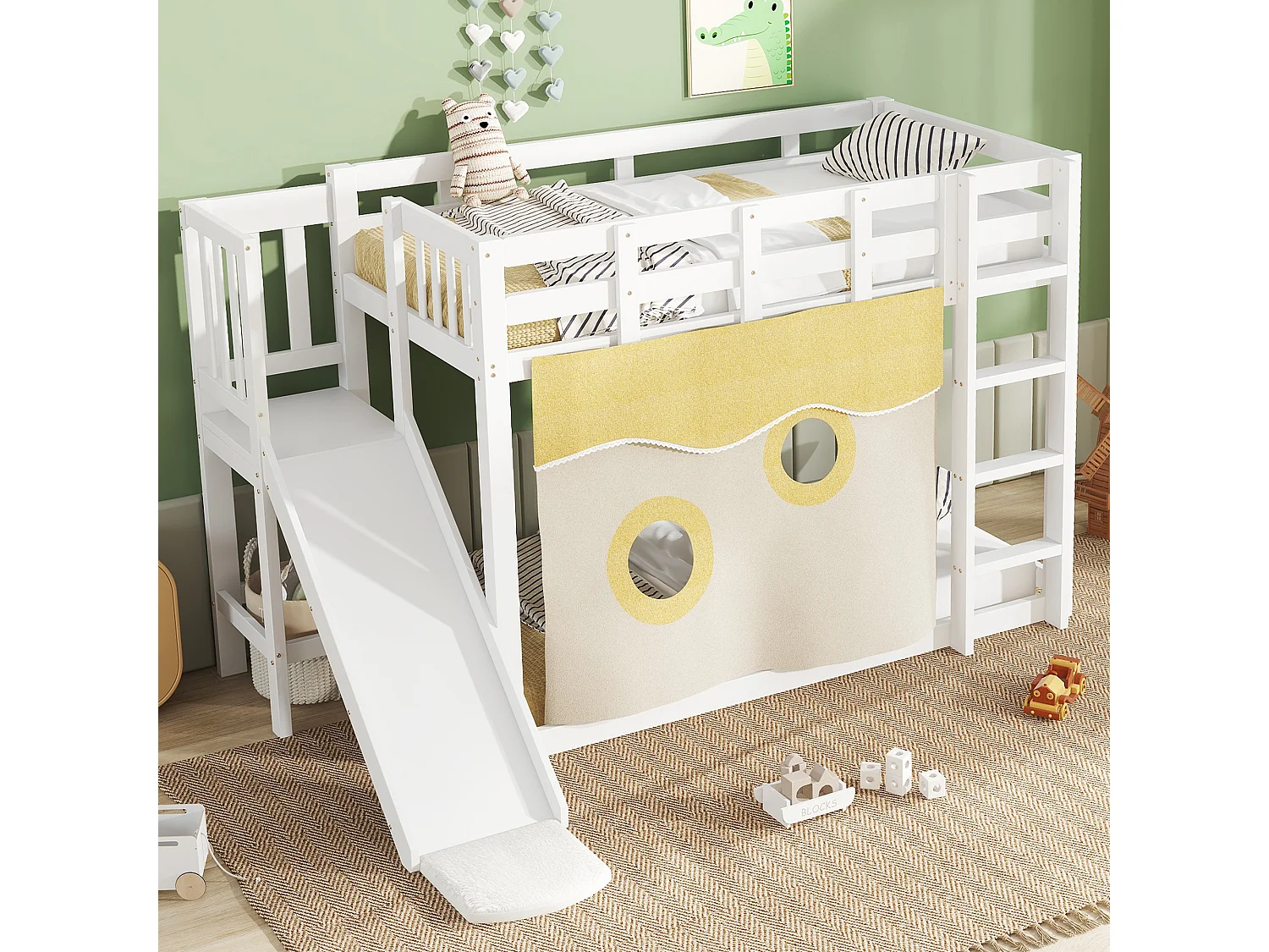 Lit superposé en bois - 2 x 90 x 200 cm - avec escalier et barrières + rideau de lit + toboggan - MDF + pin - blanc