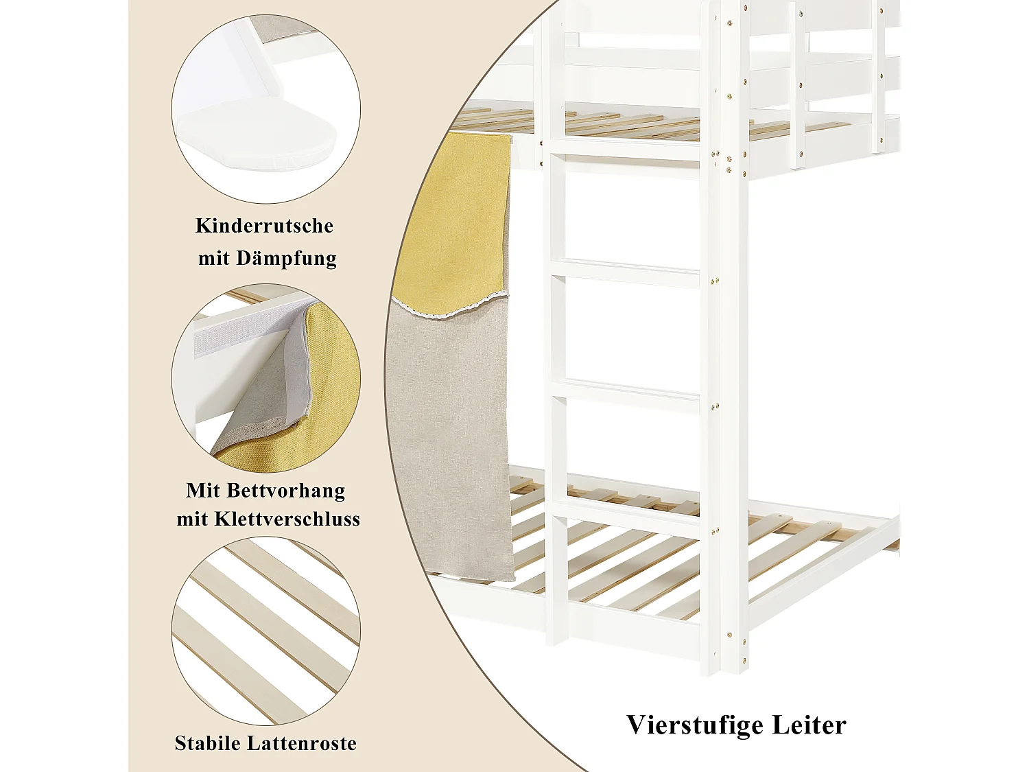 Lit superposé en bois - 2 x 90 x 200 cm - avec escalier et barrières + rideau de lit + toboggan - MDF + pin - blanc