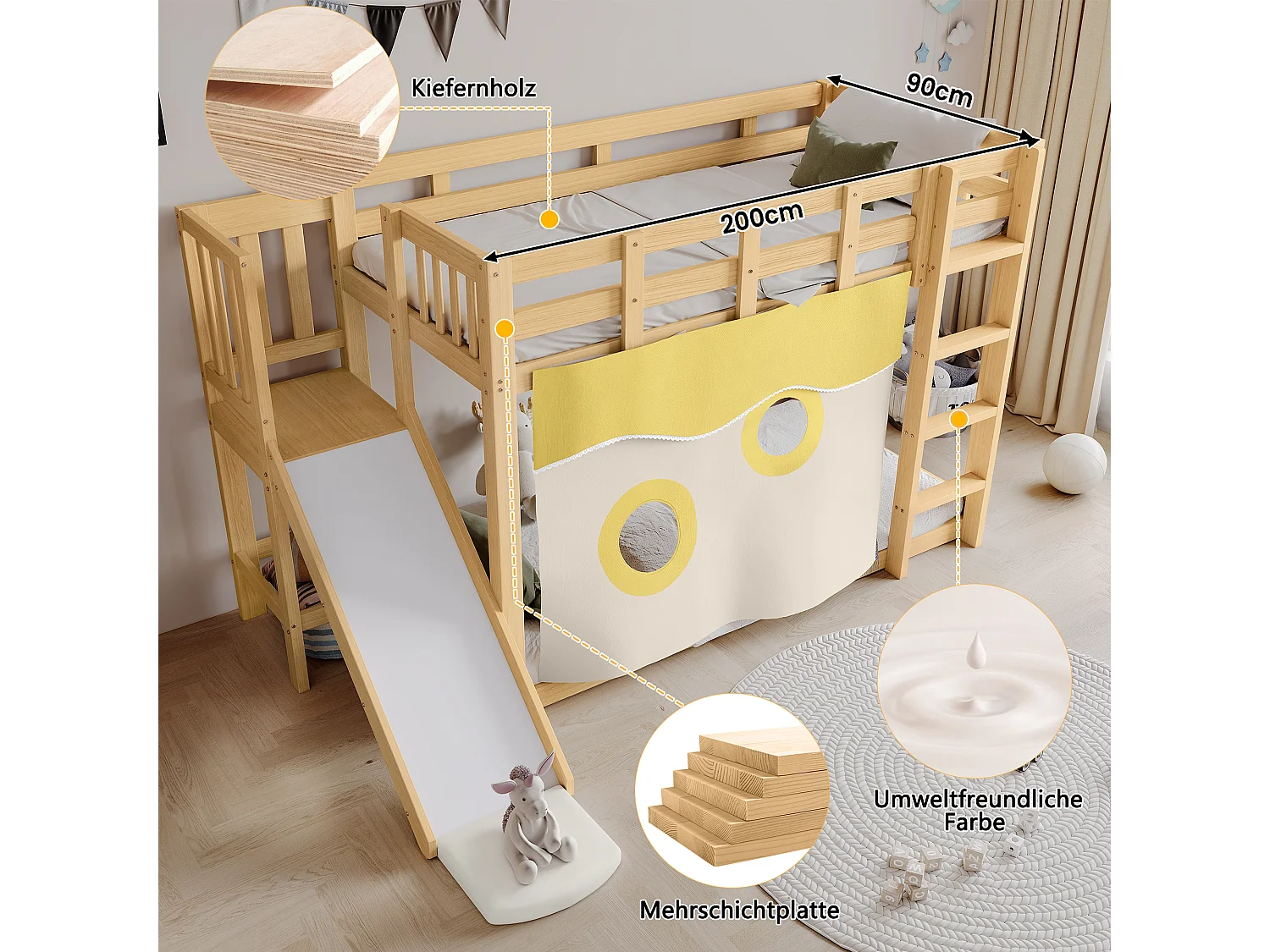 Lit superposé en bois - 2 x 90 x 200 cm - avec escalier et barrières + rideau de lit + toboggan - MDF + pin - naturel