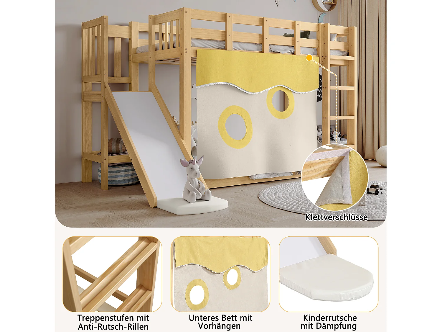 Lit superposé en bois - 2 x 90 x 200 cm - avec escalier et barrières + rideau de lit + toboggan - MDF + pin - naturel