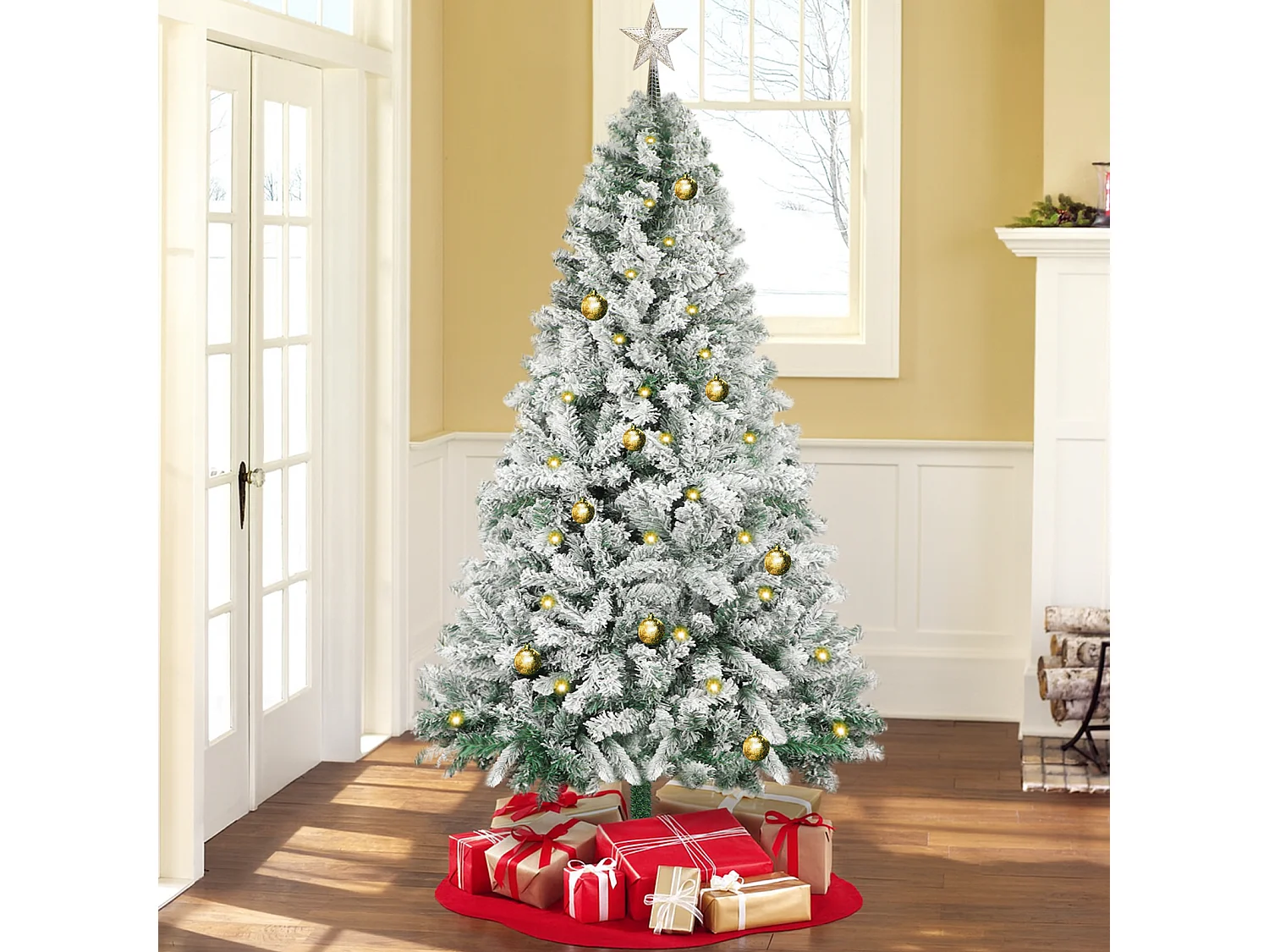 Nettlife Sapin de Noël Floqué 210 cm, Arbre Artificiel Blanc Enneigé en PVC, Montage Facile avec Support en Métal Stable.