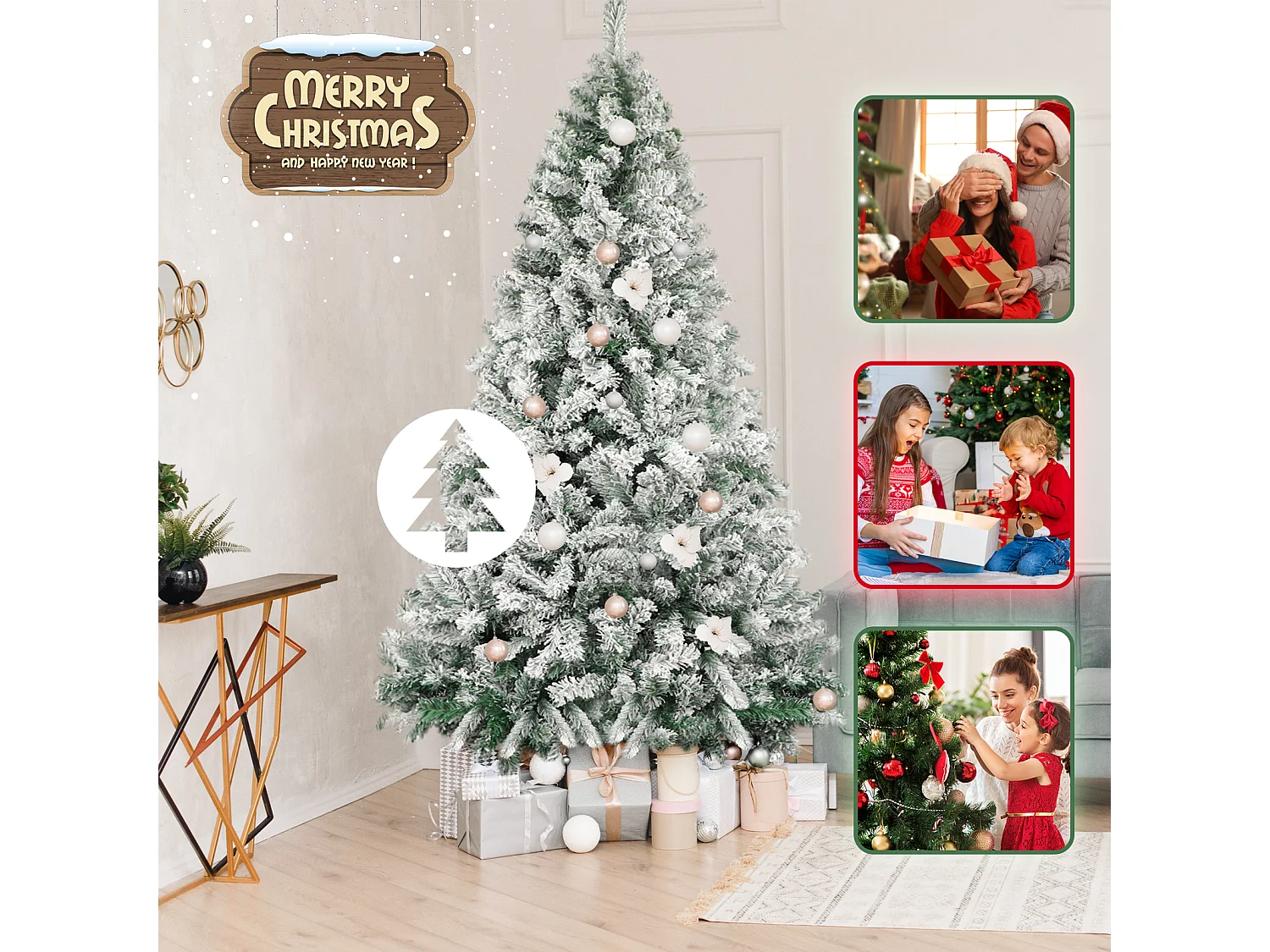 Nettlife Sapin de Noël Floqué 210 cm, Arbre Artificiel Blanc Enneigé en PVC, Montage Facile avec Support en Métal Stable.