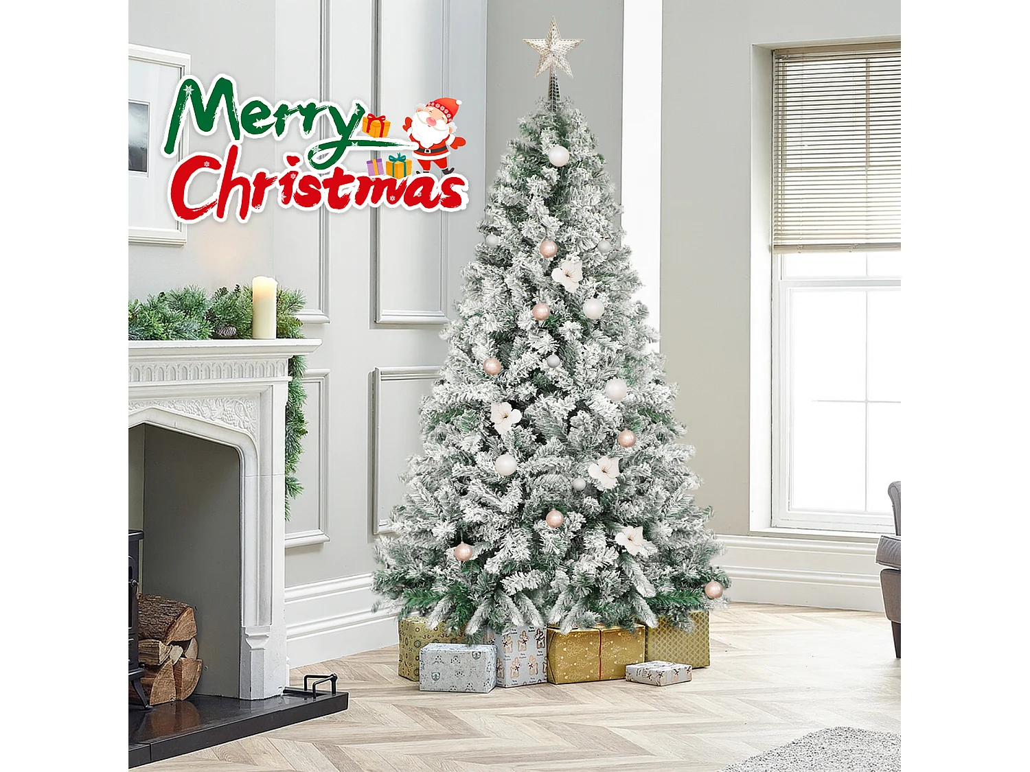 Nettlife Sapin de Noël Floqué 210 cm, Arbre Artificiel Blanc Enneigé en PVC, Montage Facile avec Support en Métal Stable.