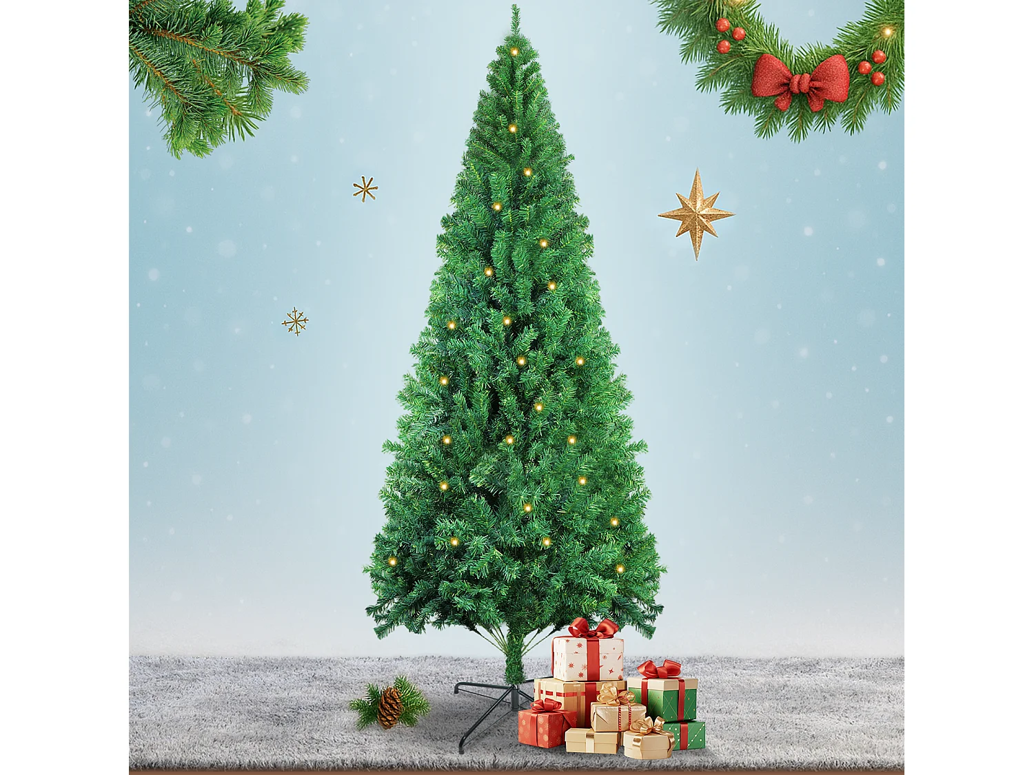 Sztuczna choinka Nettlife, 210 cm, ultrarealistyczne tworzywo PVC, szybki i łatwy montaż, zielona choinka na stabilnym metalowym stojaku.