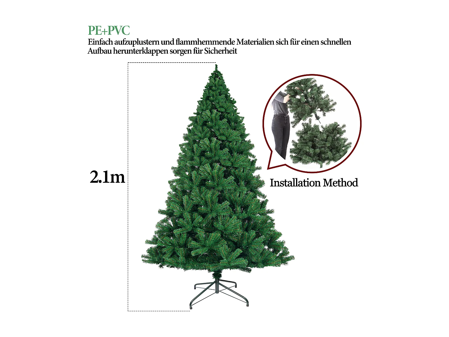 Nettlife Kunstkerstboom 210 cm, ultrarealistisch PVC, snelle en eenvoudige montage, groene kerstboom met stabiele metalen standaard.