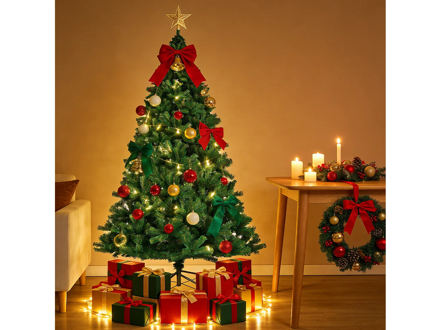 Nettlife Kunstkerstboom 210 cm, ultrarealistisch PVC, snelle en eenvoudige montage, groene kerstboom met stabiele metalen standaard.