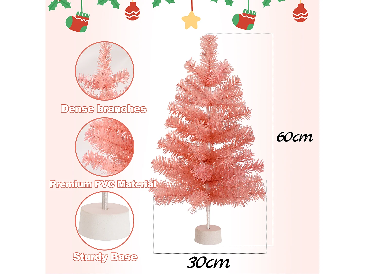 Nettlife Mini Sapin de Noël Rose 60 cm, Petit Arbre Artificiel en PVC pour Décoration de Table, Bureau et Fête.