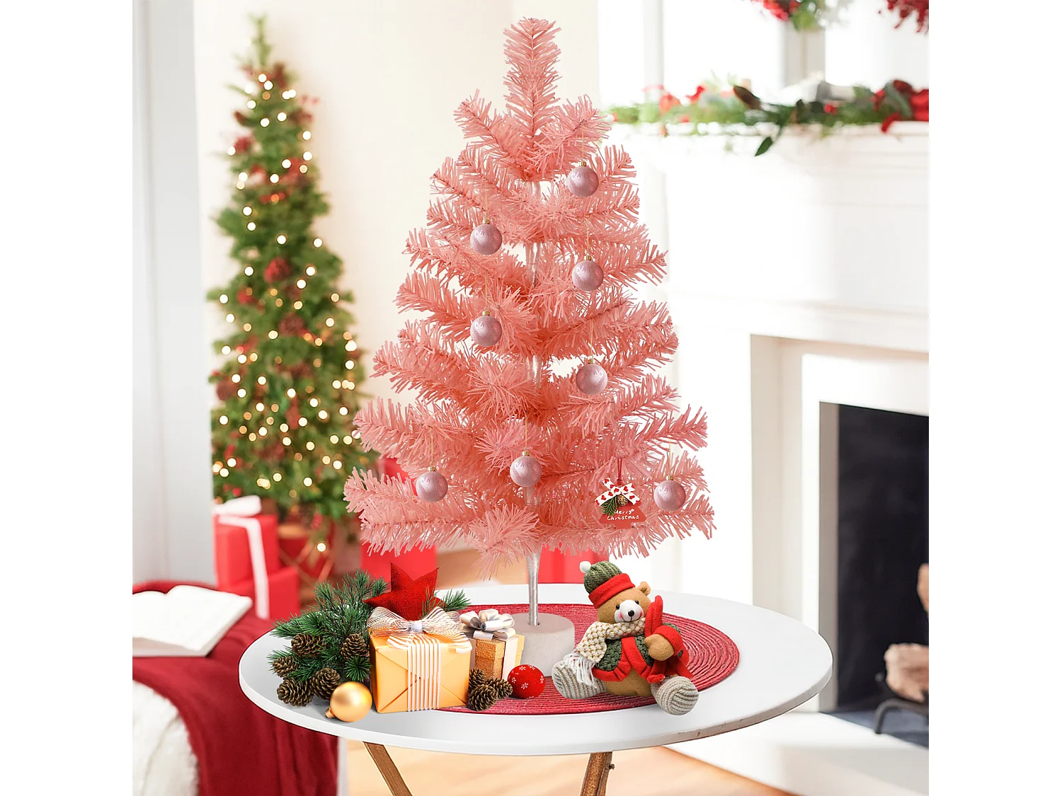 Nettlife Mini Sapin de Noël Rose 60 cm, Petit Arbre Artificiel en PVC pour Décoration de Table, Bureau et Fête.