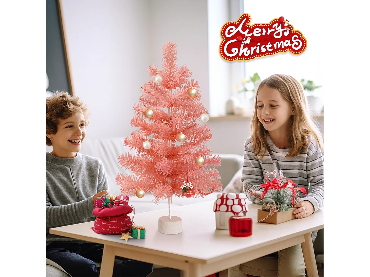 Nettlife Mini Sapin de Noël Rose 60 cm, Petit Arbre Artificiel en PVC pour Décoration de Table, Bureau et Fête.