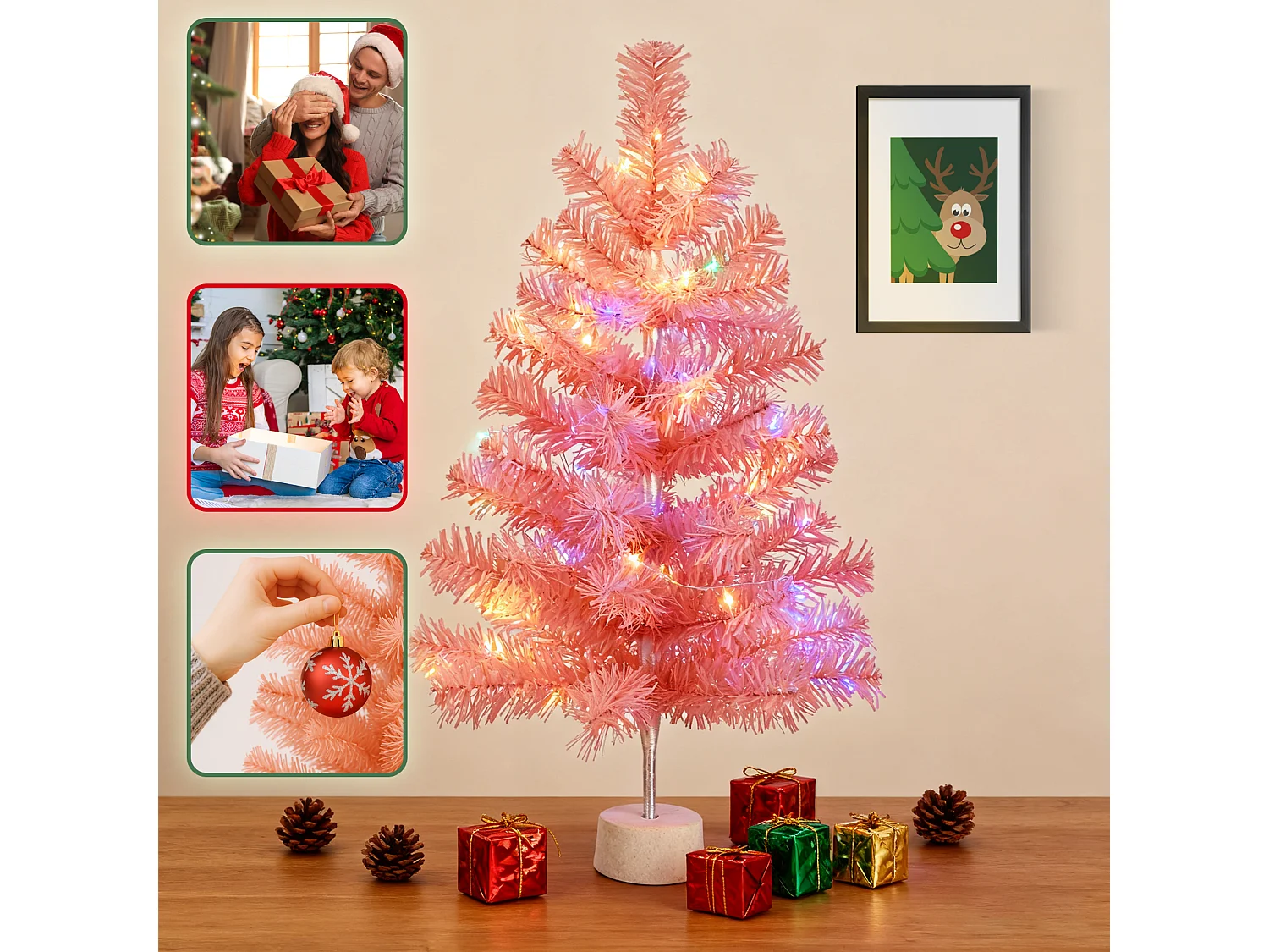 Nettlife Mini Sapin de Noël Rose 60 cm, Petit Arbre Artificiel en PVC pour Décoration de Table, Bureau et Fête.