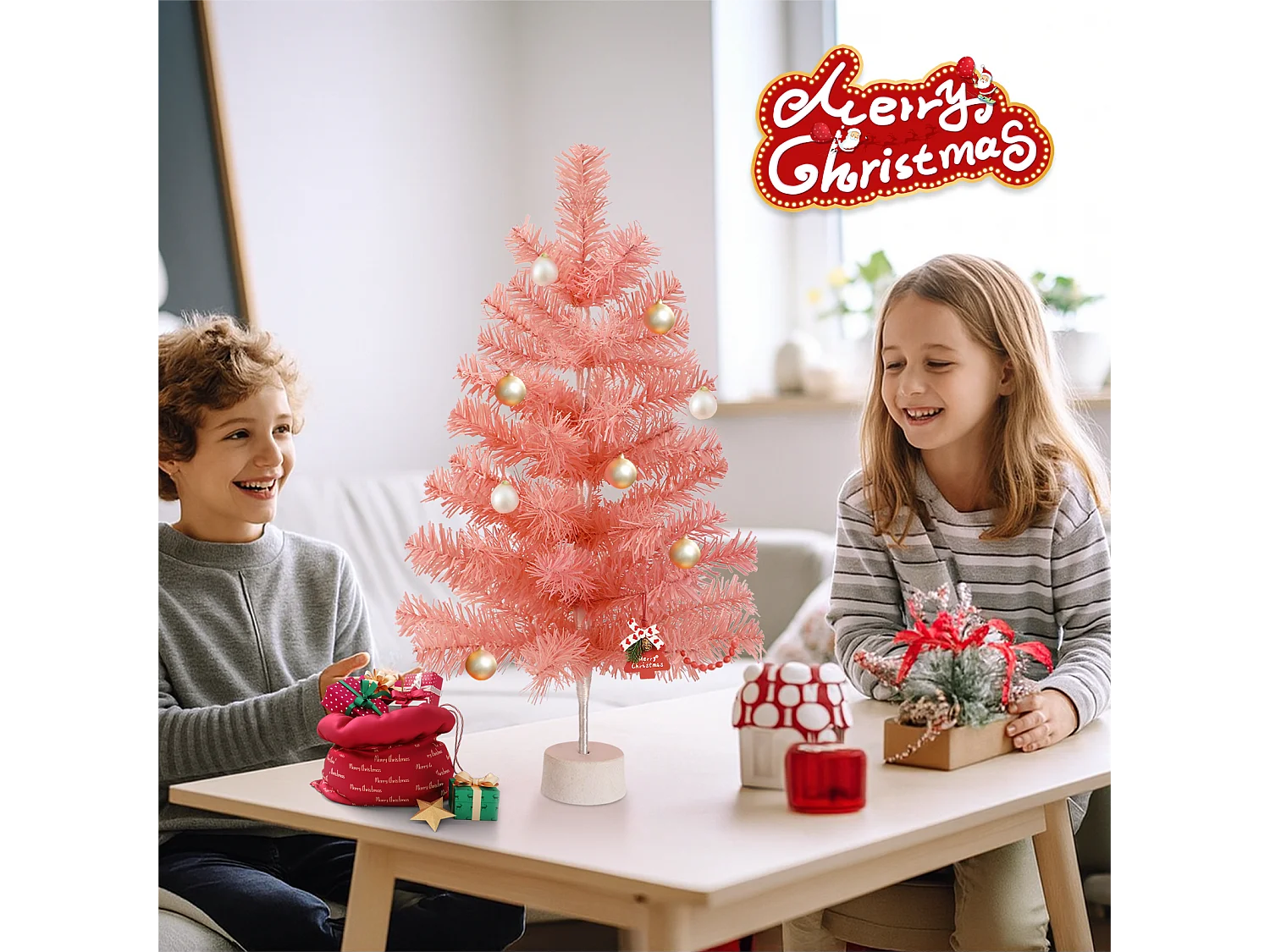 Nettlife Mini Sapin de Noël Rose 60 cm, Petit Arbre Artificiel en PVC pour Décoration de Table, Bureau et Fête.